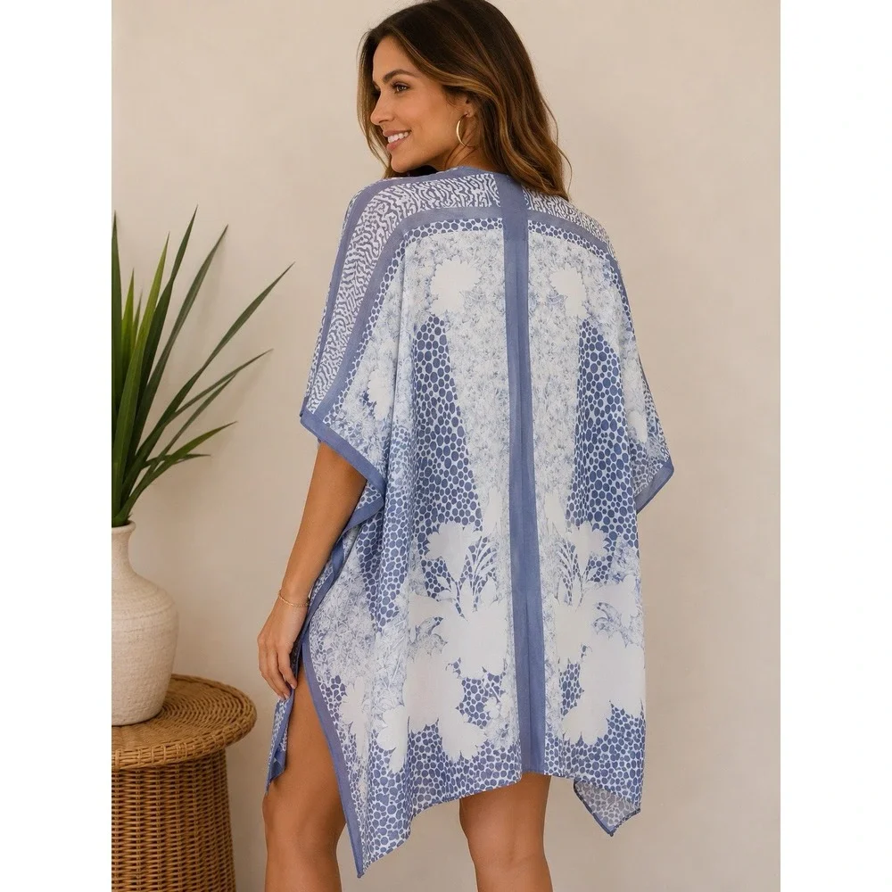 Floral Kimono Cover Up Blue White One Size Lightweight NWT